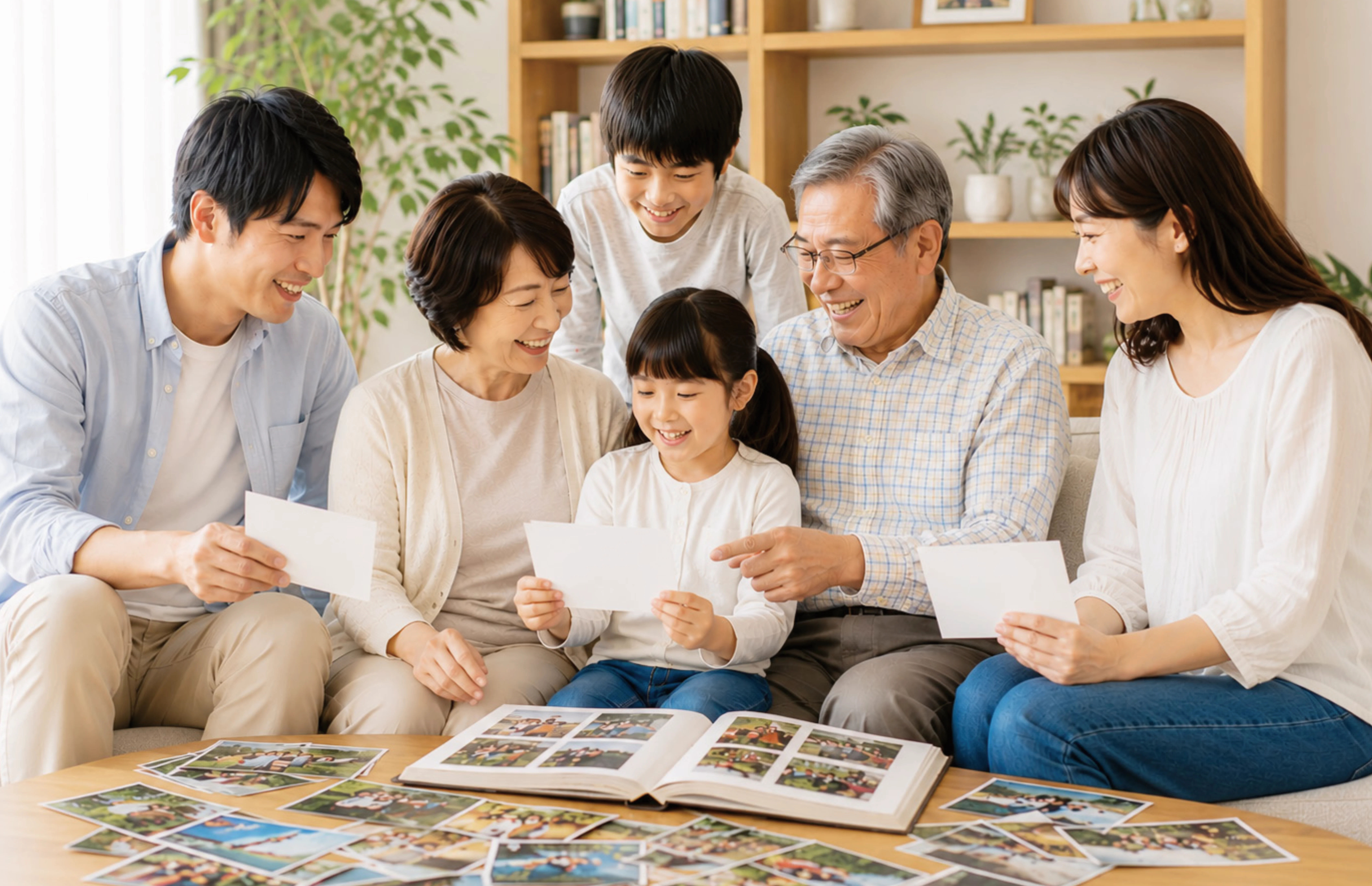 家族みんなでアルバムと写真プリントを囲んで楽しむ様子